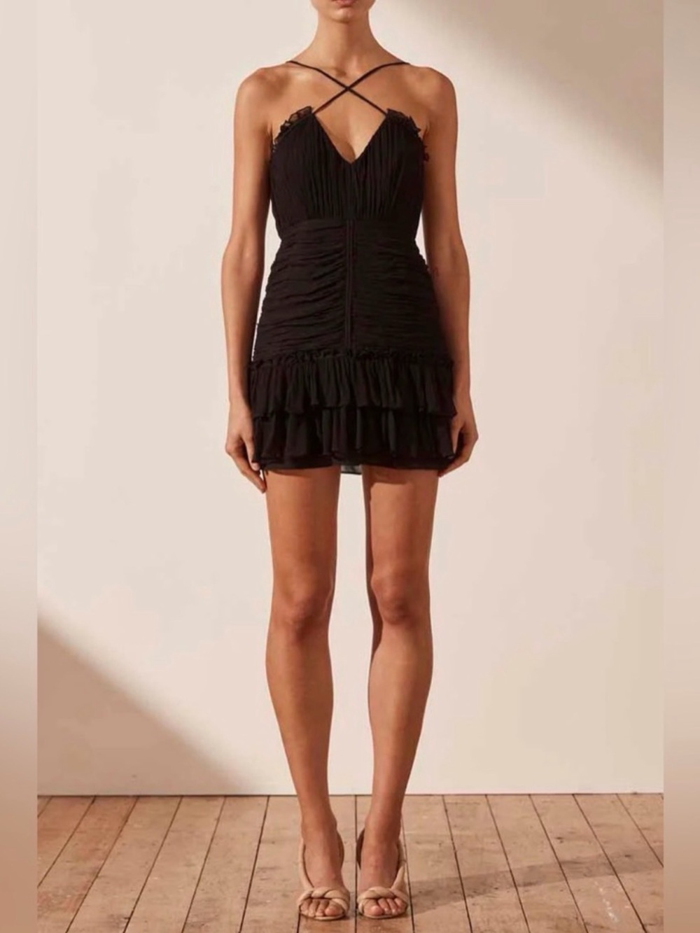 Shona Joy Black Ruffle-Strap Mini Dress